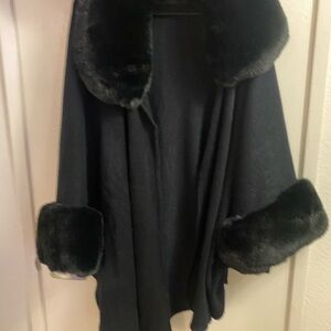 Luxurious Black Fur-Trimmed Poncho